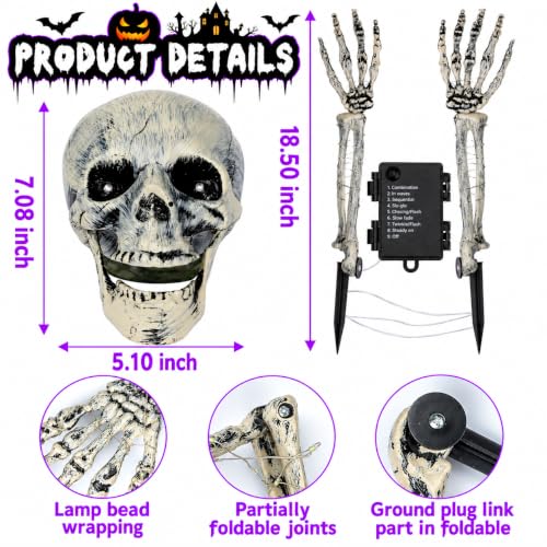 Halloween Skeleton Decorations Outdoor, Light Up Skull Head & Skeleton Hands Lights Stake with Purple LED, Battery Operated Halloween Yard Decor for Lawn, Garden, Graveyard, Haunted House & Party