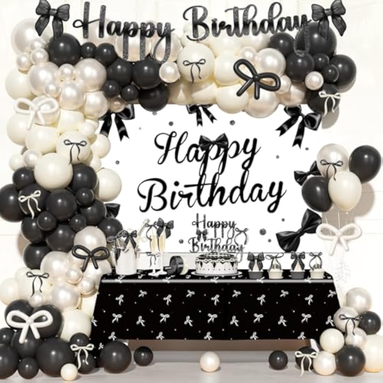 Black Bow Birthday Decorations – 110 Pcs Black Bow Themed Party Supplies With Backdrop, Tablecloth, Cake Topper, Banner, Cupcake Toppers, Ribbons, Balloon Garland