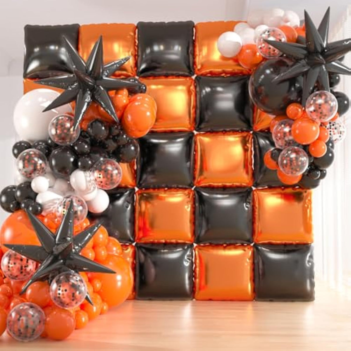 25Pcs Black And Orange Foil Square Balloon Backdrop Wall &149Pcs Black Orange White Balloons Arch, Double Sided Balloon Tunnel For Graduation, Birthday, Halloween Party Decor