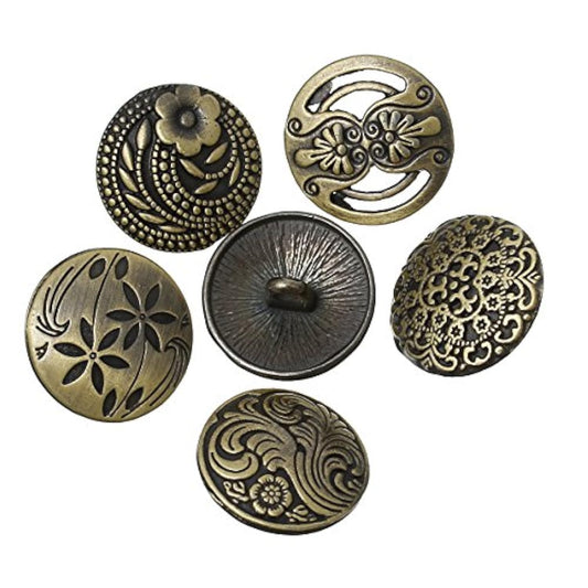 Shank Button - 30 Pack, 6 Of Each Assorted Design, Carved Bronze Tone