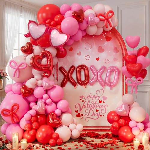 172Pcs Valentines Day Balloon Garland Arch Kit with Pink and Red Balloons 18" 12" 10" 5", XOXO Foil Balloons for Women Girls Valentines Day Wedding Engagement Anniversary Party Decorations