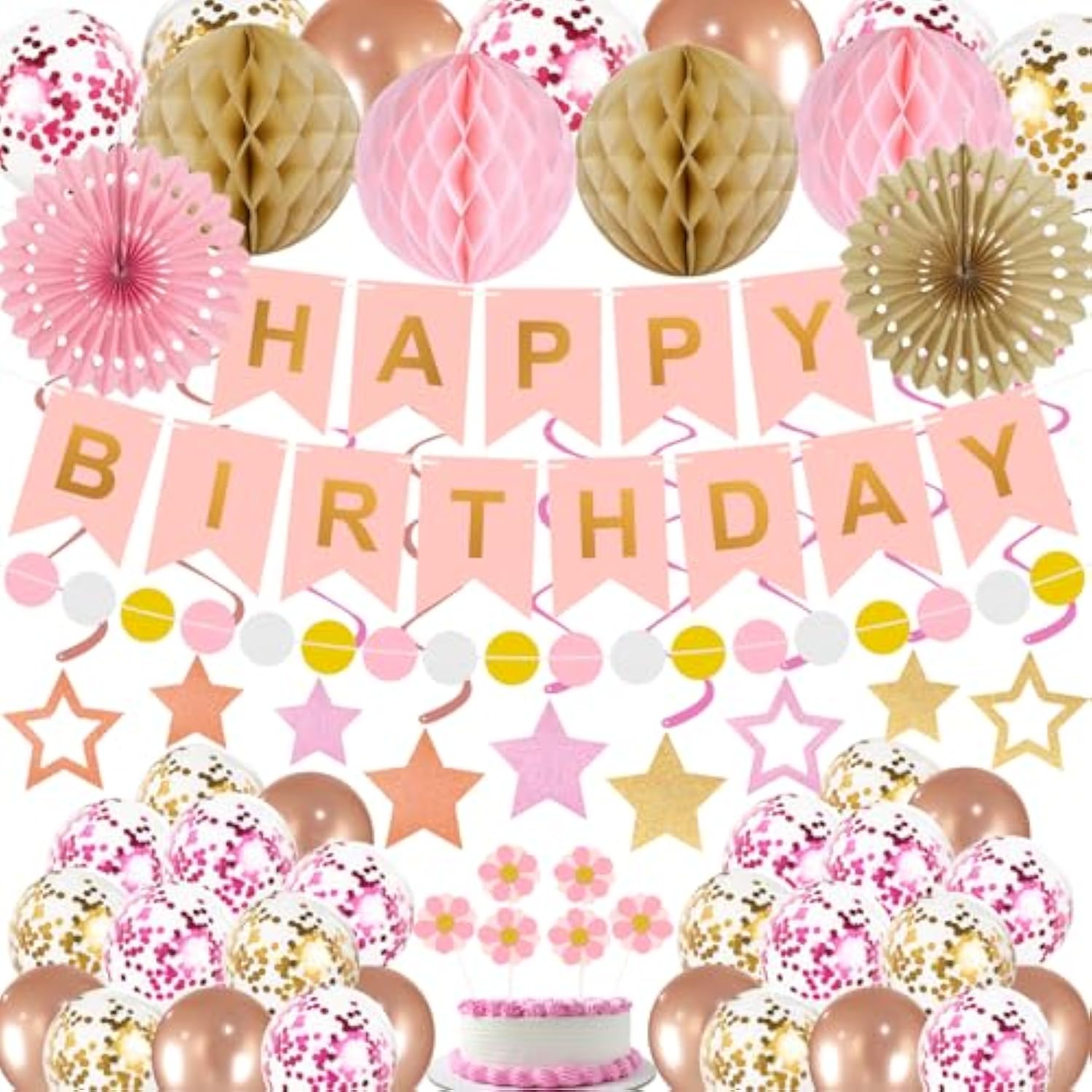 Birthday Decorations Pink Happy Birthday Banner Confetti Balloons Honeycomb Ball Circle Dots Garland Hanging Swirls Rose Gold Birthday Party Decor For Girls Women Princess