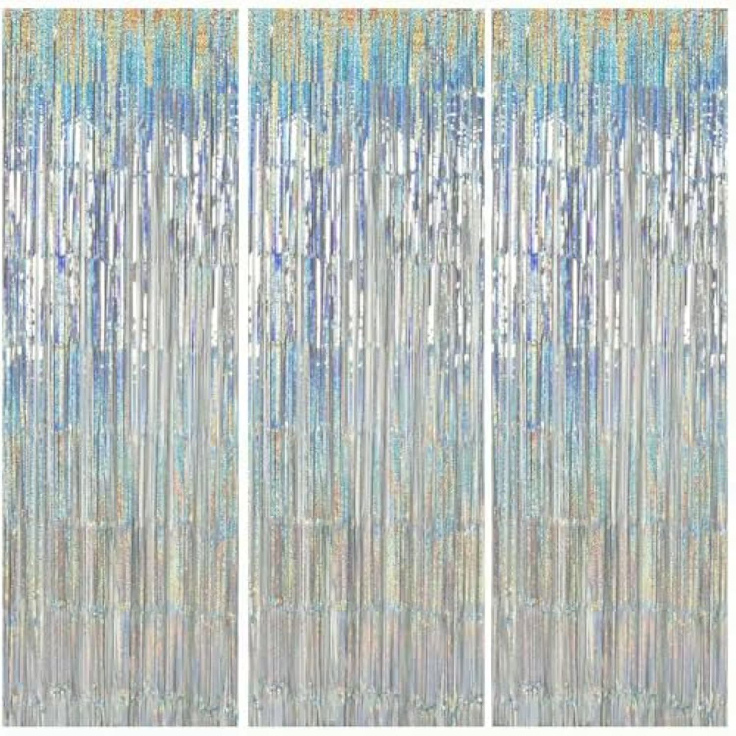 3 Pcs Laser Silver Door Streamers 9.9x6.6ft Foil Backdrop for Parties