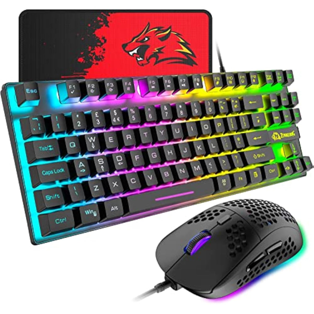 Gaming Keyboard and Mouse Combo,88 Keys Compact Rainbow Backlit Mechanical Feel Keyboard,RGB Backlit 6400 DPI Lightweight Gaming Mouse with Honeycomb Shell for Windows PC Gamers (Black)