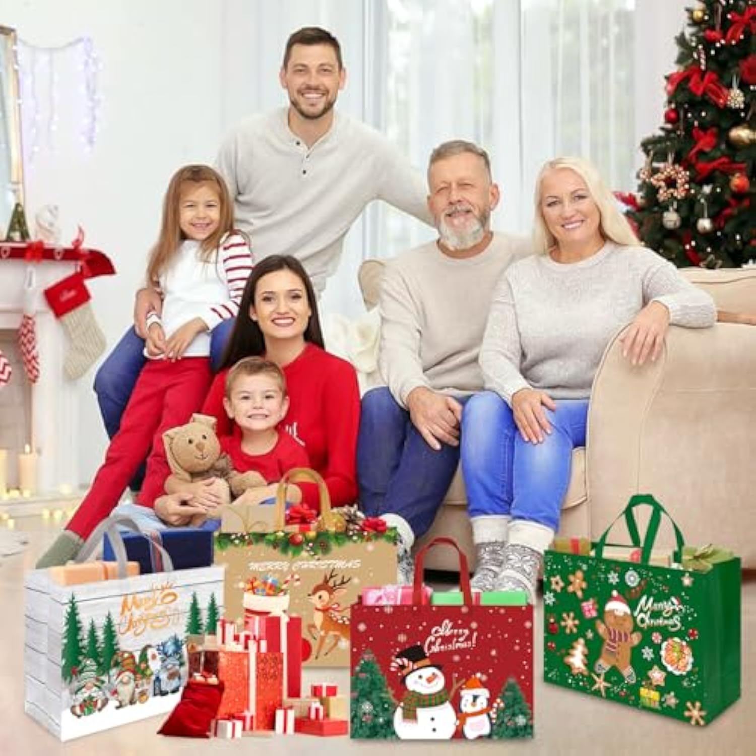 12 Pack Extra Large Christmas Gift Bags, Reusable Tote Bags With Handle Non-Woven Christmas Bags For Gifts Wrapping Xmas Holiday-16.9 * 12.6 * 7.1”