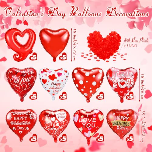 150 Pcs Valentines Day Balloons Set 18 Inch Valentine's Day Foil Balloons Red Heart Assorted Balloons with Rose Petals for Valentines Party Sweetest Day Special Night Romantic Decor