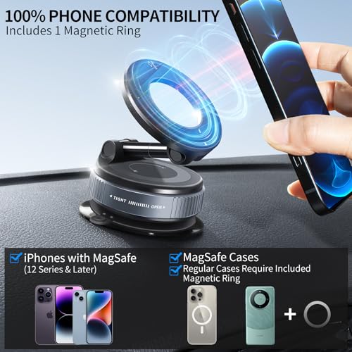 Vacuum Suction Magnetic Phone Holder, 2025 Upgraded Foldable Retractable Suction Cup Car Phone Mount for Magsafe, 360° Adjustable Magnetic Phone