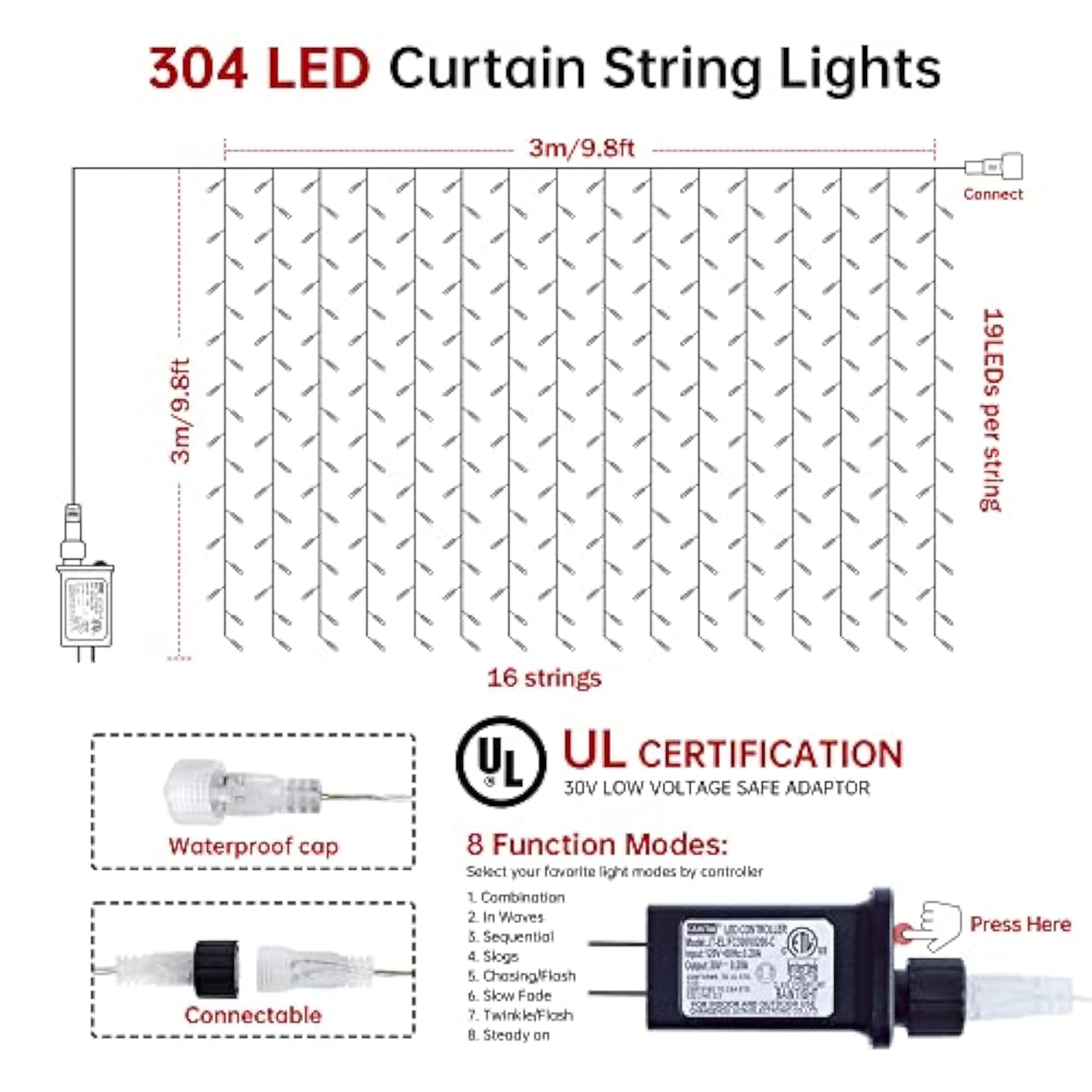 304 Led Curtain Lights Outdoor, 9.8Ft*9.8Ft Hanging String Lights Plug In With 8 Modes, Connectable Curtain Fairy Lights