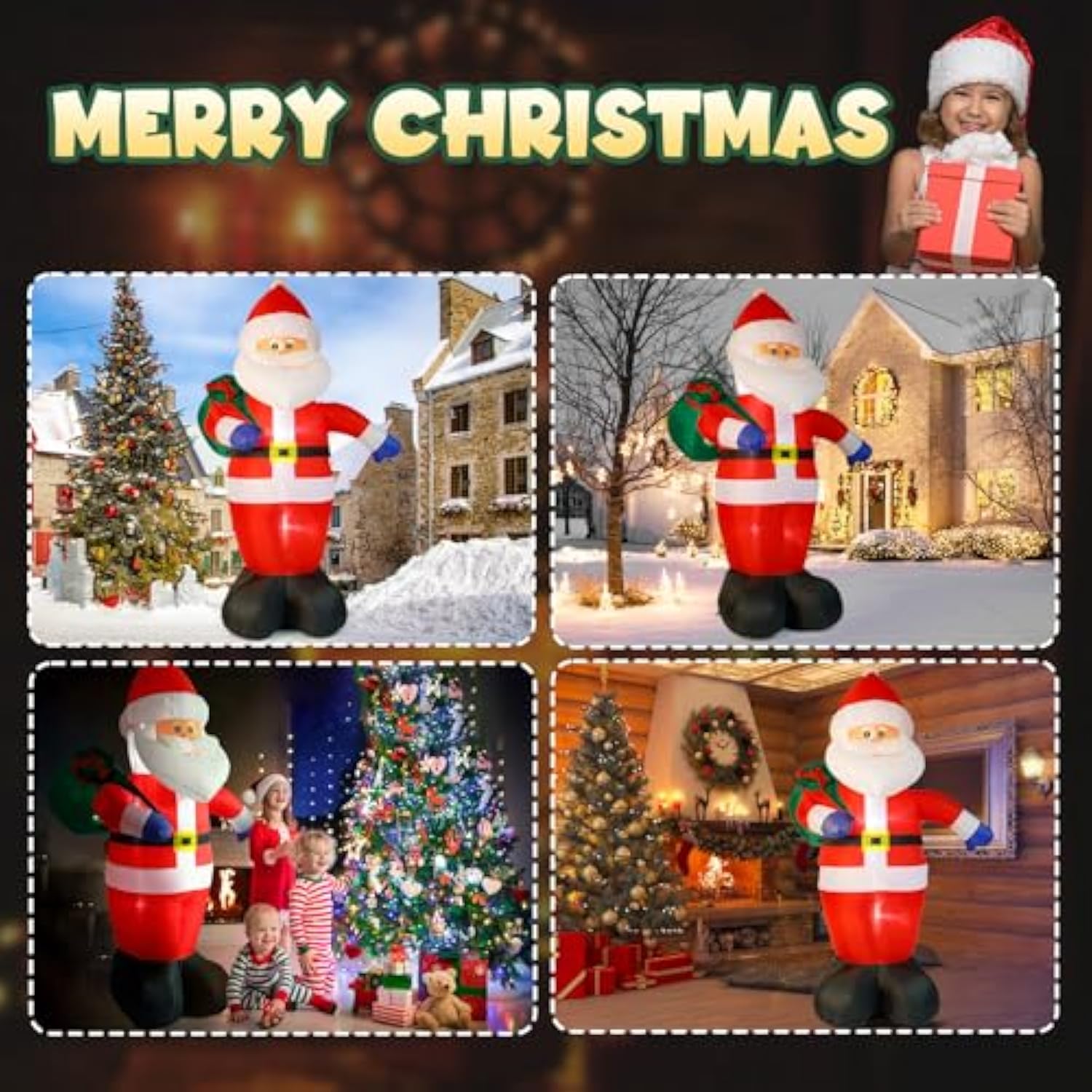 8 Ft Christmas Inflatable Santa Outdoor Decoration With Gift Bag, Giant Santa Carrying Gift Bag With Built-In Led Lights