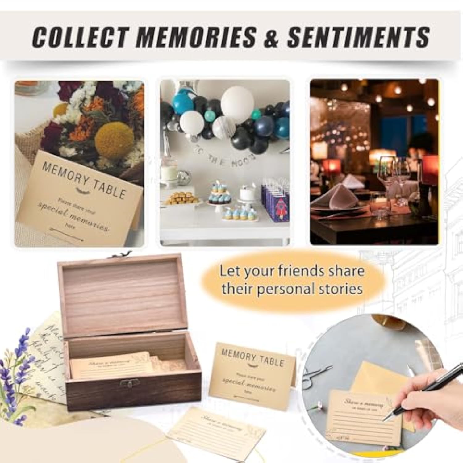Wooden Share Love & Memories Box With 50 Pcs Share A Memory Cards For Celebration Of Life Decorations - Elegant Keepsake For Funerals, Weddings, Birthdays & Graduations - Heirloom Storage Box