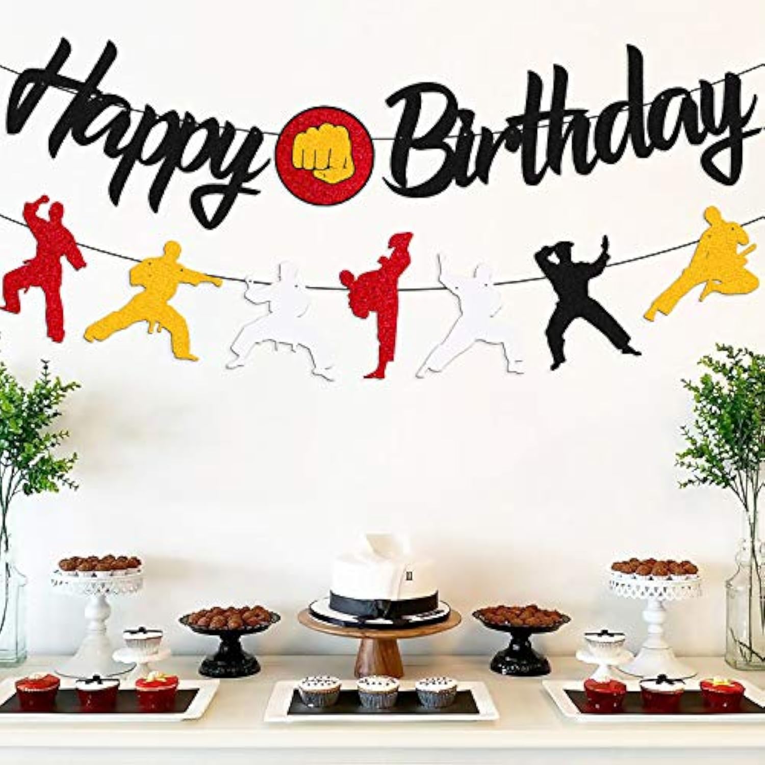 Karate Taekwondo Birthday Banner Black Glitter Party Decorations for Kids & Adults
