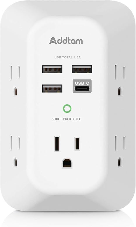Surge Protector Outlet Extender 5 Outlets 4 USB Ports USB C 1800J Wall Charger White