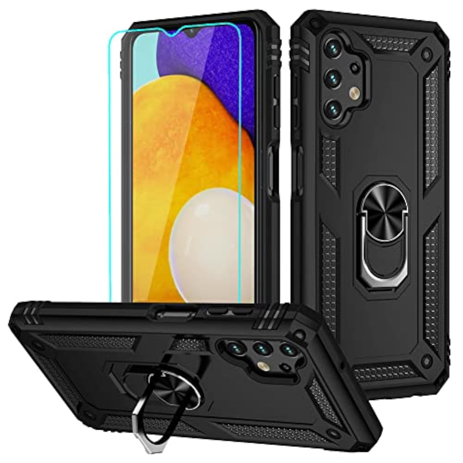 For Galaxy A13 4G Case, Samsung A13 4G Case With Hd Screen Protector, Military-Grade Ring Holder Kickstand Car Mount 15Ft Drop Tested Shockproof Cover Phone Case For Samsung Galaxy A13 4G, Black