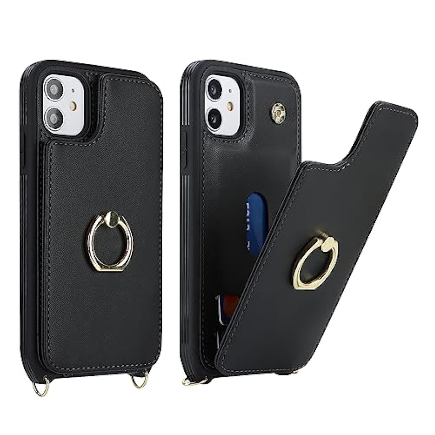 For Iphone 11 Phone Case With Card Holder And Strap For Women,Crossbody Lanyard,Kickstand Ring Stand,Snap Clasp,Phone Wallet Cases 6.1 Inch(Black)