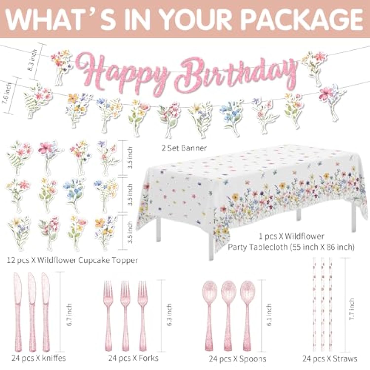 Wildflower Party Supplies, Floral Party Decorations Tableware, Plate, Napkins, Cup, Cutlery, Tablecloth, Backdrop, Banner, Spring Summer Flower Decorations For Birthday, Baby Shower, Serve 24