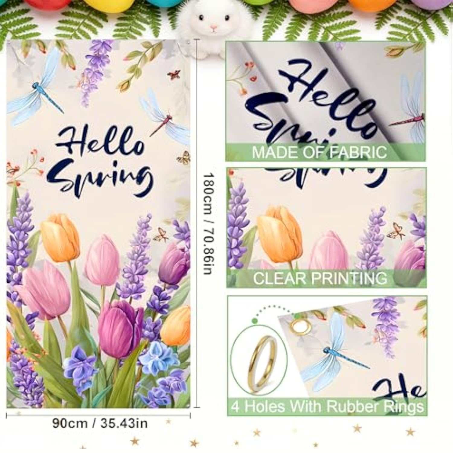 Hello Spring Tulip Door Cover Banner, 35.4 X 70.8 Inch Hanging Spring Banner Backdrop, Porch Sign Outdoor Indoor Front Door Decorations