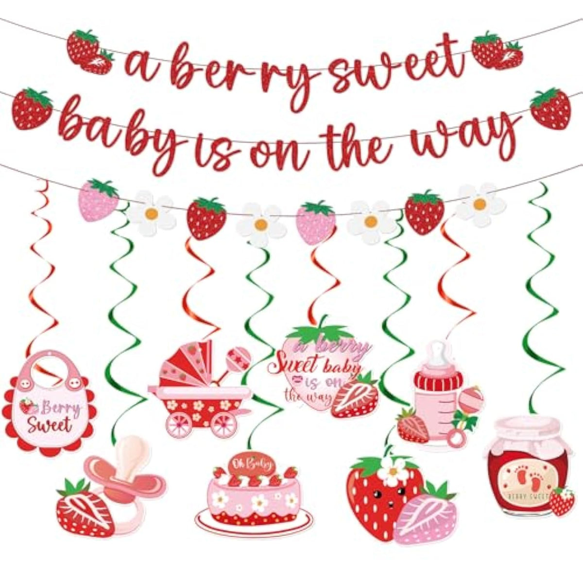 11pcs Strawberry Baby Shower Decor – Sweet Baby Banners & Hanging Swirls Set