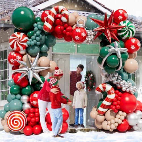 Christmas Balloon Garland Arch Kit with 160Pcs Red Green Silver and Peach Nude Balloon, Cane Candy Foil Balloons, Silver Starburst Balloons for Christmas Party Decorations
