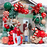 Christmas Balloon Garland Arch Kit with 160Pcs Red Green Silver and Peach Nude Balloon, Cane Candy Foil Balloons, Silver Starburst Balloons for Christmas Party Decorations