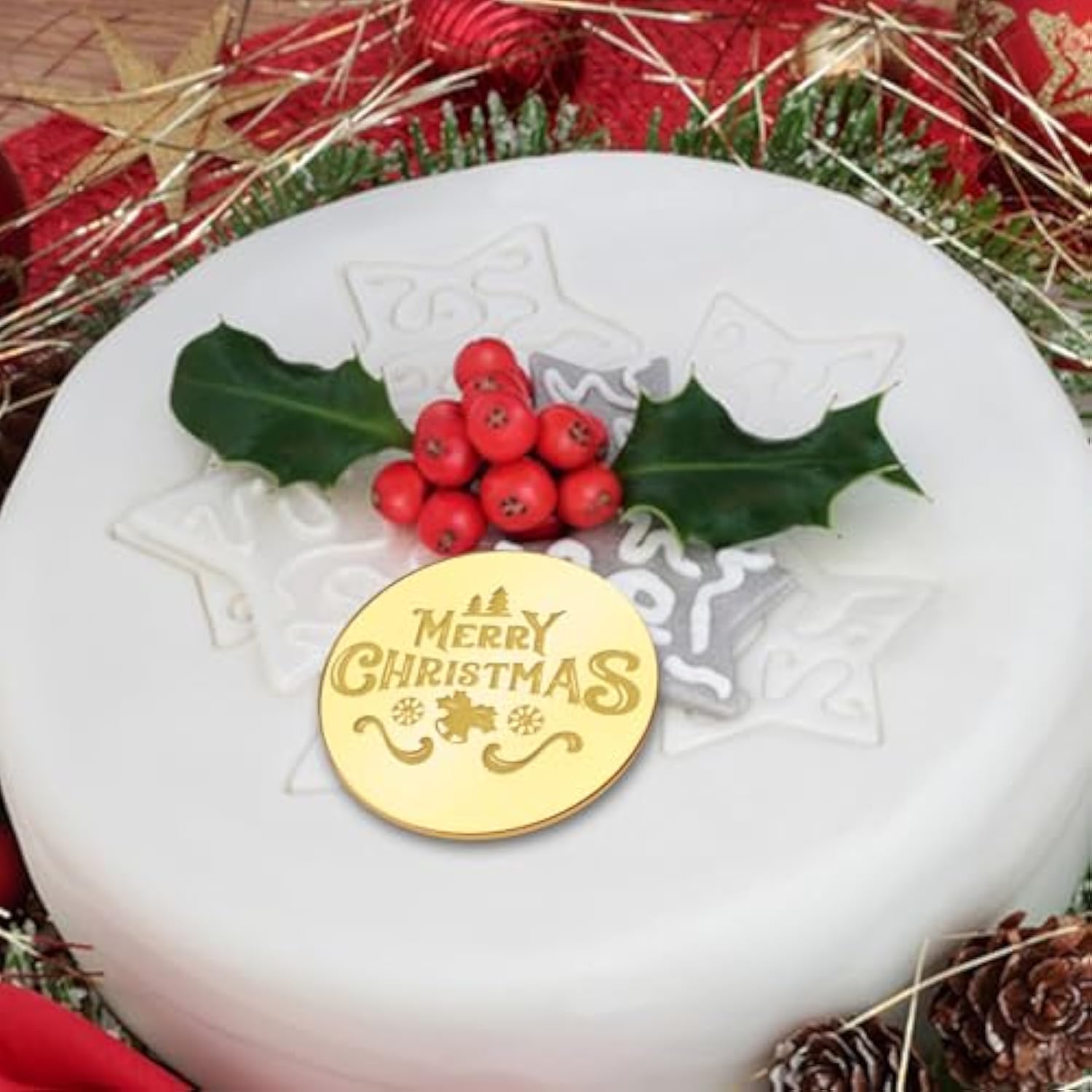 20Pcs Golden Cupcake Toppers Mirror Acrylic Merry Christmas Cake Signs Christmas Themed Cake Charm Round Cake Discs For Diy Decor Supplies