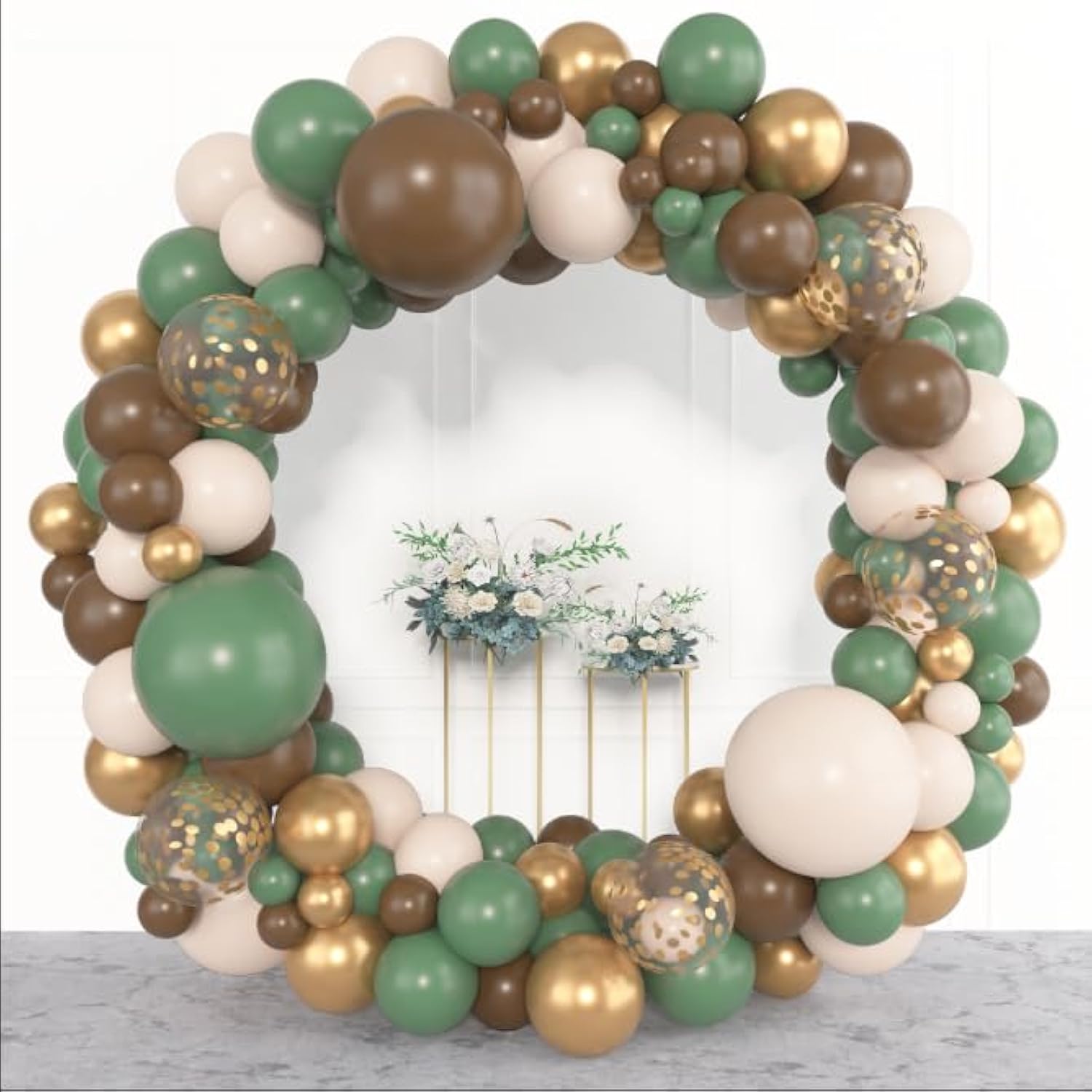 153Pcs Sage Green Brown Balloon Garland Arch Kit, Different Sizes 18 12 10 5 Inch Olive Green Gold Latex Metallic Confetti Balloons For Safari Jungle Woodland Birthday Baby Shower Decorations
