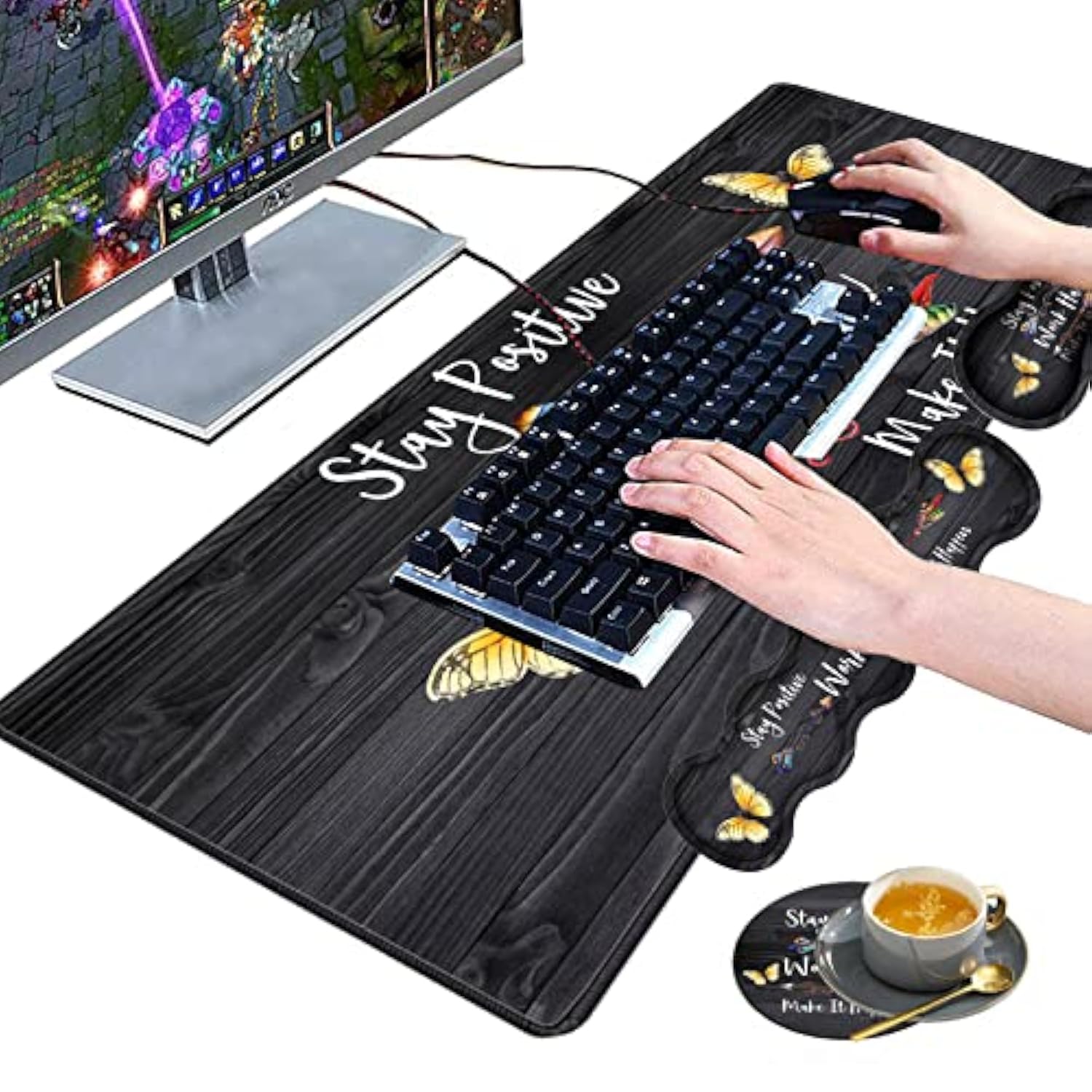 Large Gaming Mouse Pad, Keyboard Wrist Rest Pad + Mouse Wrist Pad + Coaster Set Extended Waterproof Non-Slip Table Mat Suitable For Home Office - Stay Positive Work Hard And Make It Happen