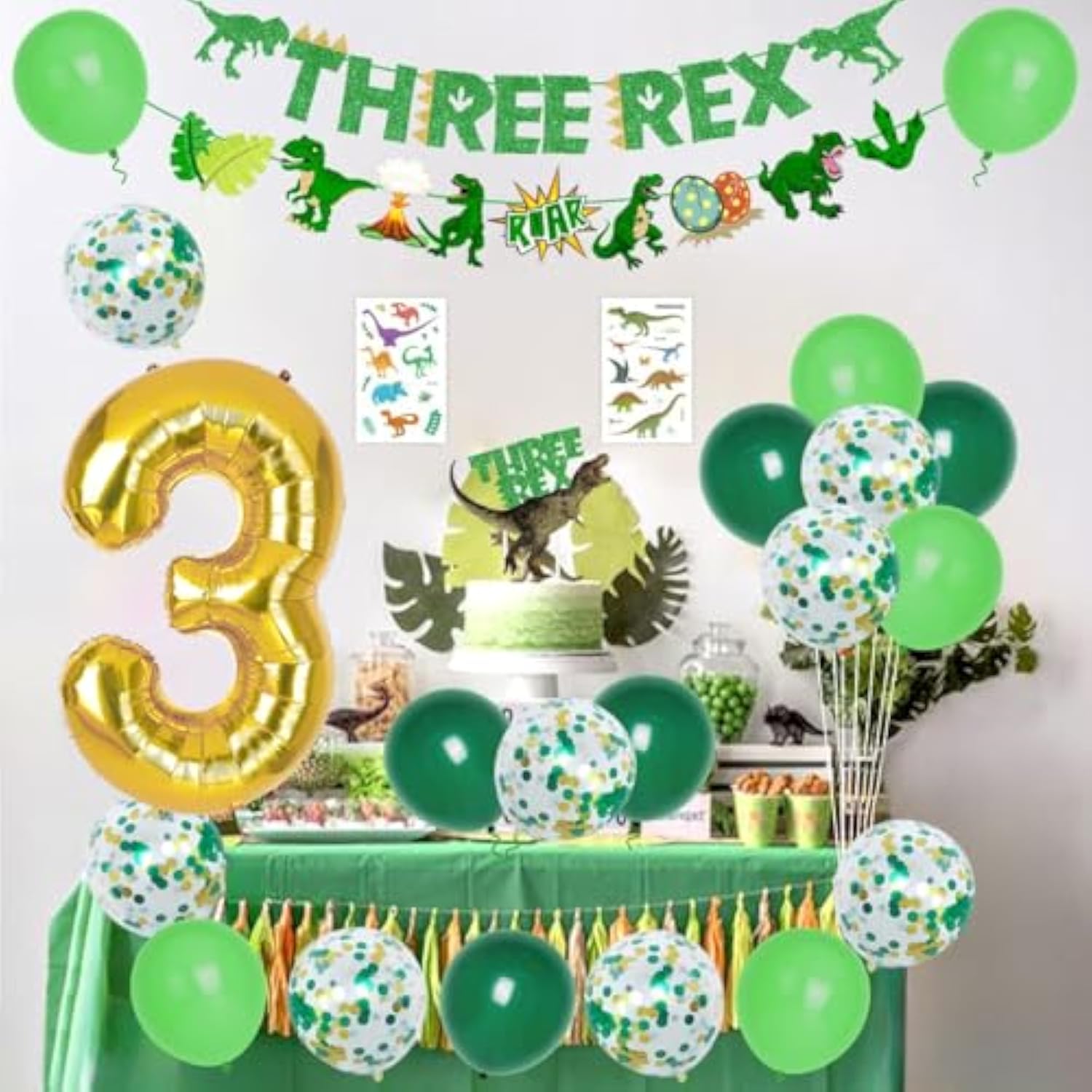 Dinosaur 3Rd Birthday Decorations, 3 Rex Birthday Party Supplies - Three Rex Banner, Cake&Cupcake Toppers, Dinosaur Balloons,Temporary Tattoos For Roar I’M 3 Boys Girls Birthday