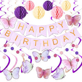 Birthday Decorations, Happy Birthday Banner With Honeycomb Balls, Butterfly Hanging Swirl Streamers, Circle Dots Garland, Happy Birthday Party Decorations For Women Girls