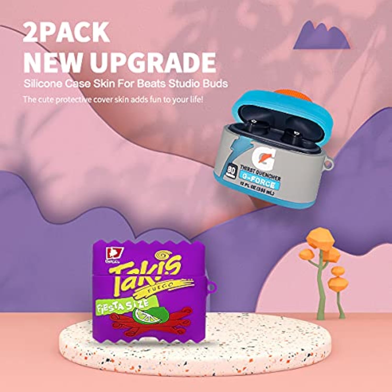 [2Pack] Cute Case For Beats Studio Buds 2021 / Beats Studio Buds Plus Case 2023, Funny 3D Cartoon Food Silicone Skin Cover For Beats Studio Buds Girl Boys Teens (Purple Potato Chips + Sport Water)
