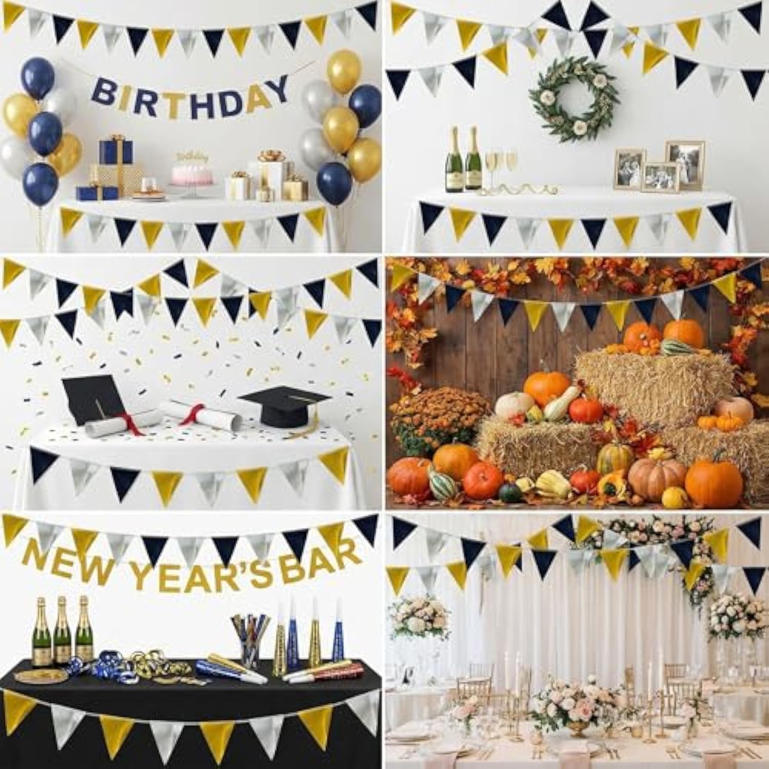 64Ft Black Gold Silver Triangle Pennant Banner Flag Metallic Paper Bunting Garland For Hanging Backdrop Birthday Party Decorations Graduation Bachelorette Bridal Wedding New Year Party Supplies