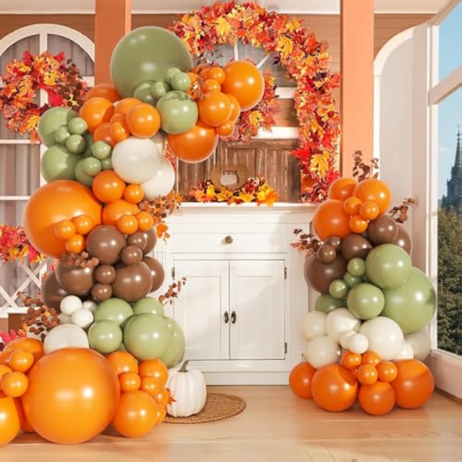 139PCS Fall Balloon Arch Kit with Orange Brown Green White Balloons for Autumn