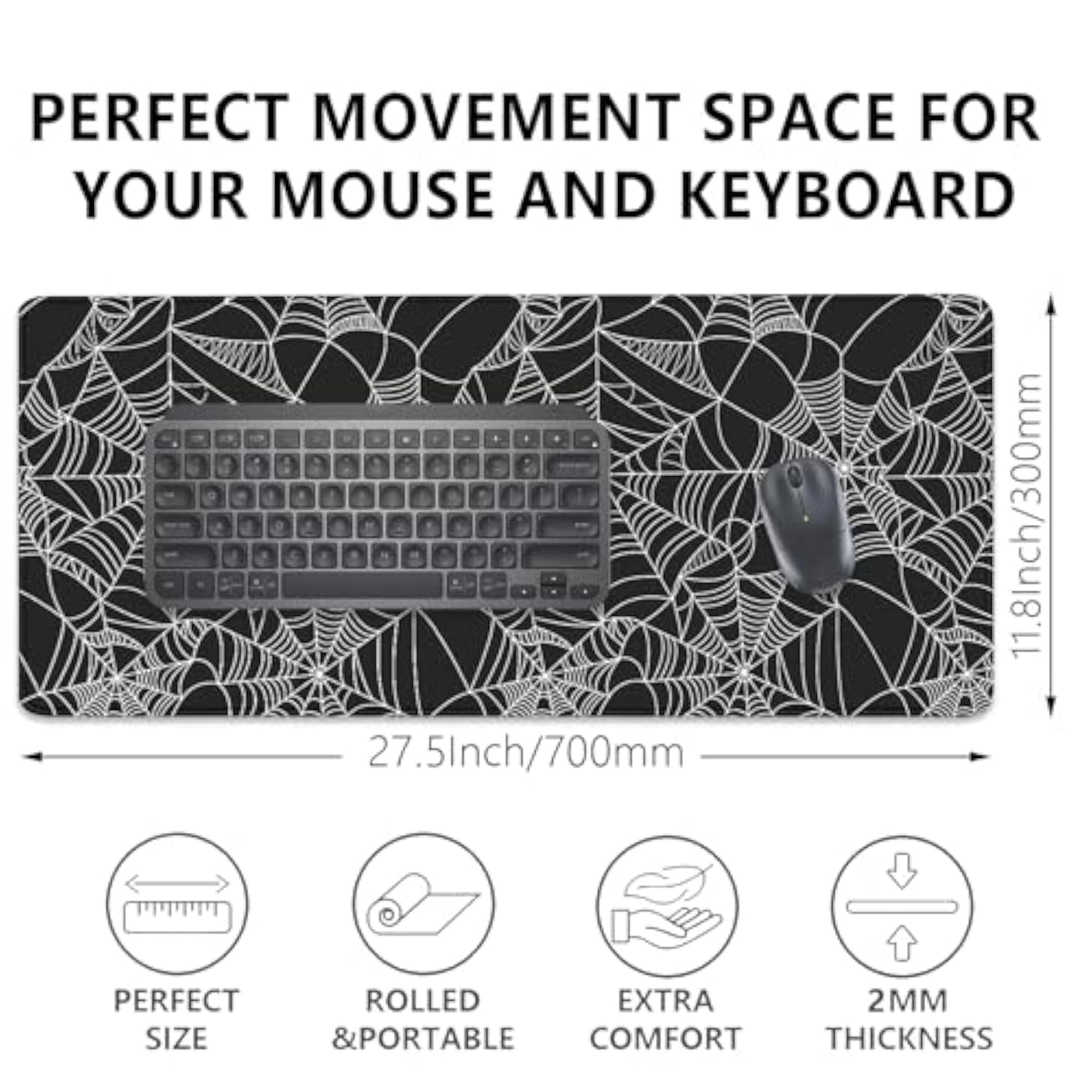 Black Spider Web Desk Pad Mouse Pad,Large Gaming Mouse Mat With Stitched Edges,Non-Slip Waterproof Rubber Base Mousepad For Office Work Home Desk Mat(27.5X11.8 In)