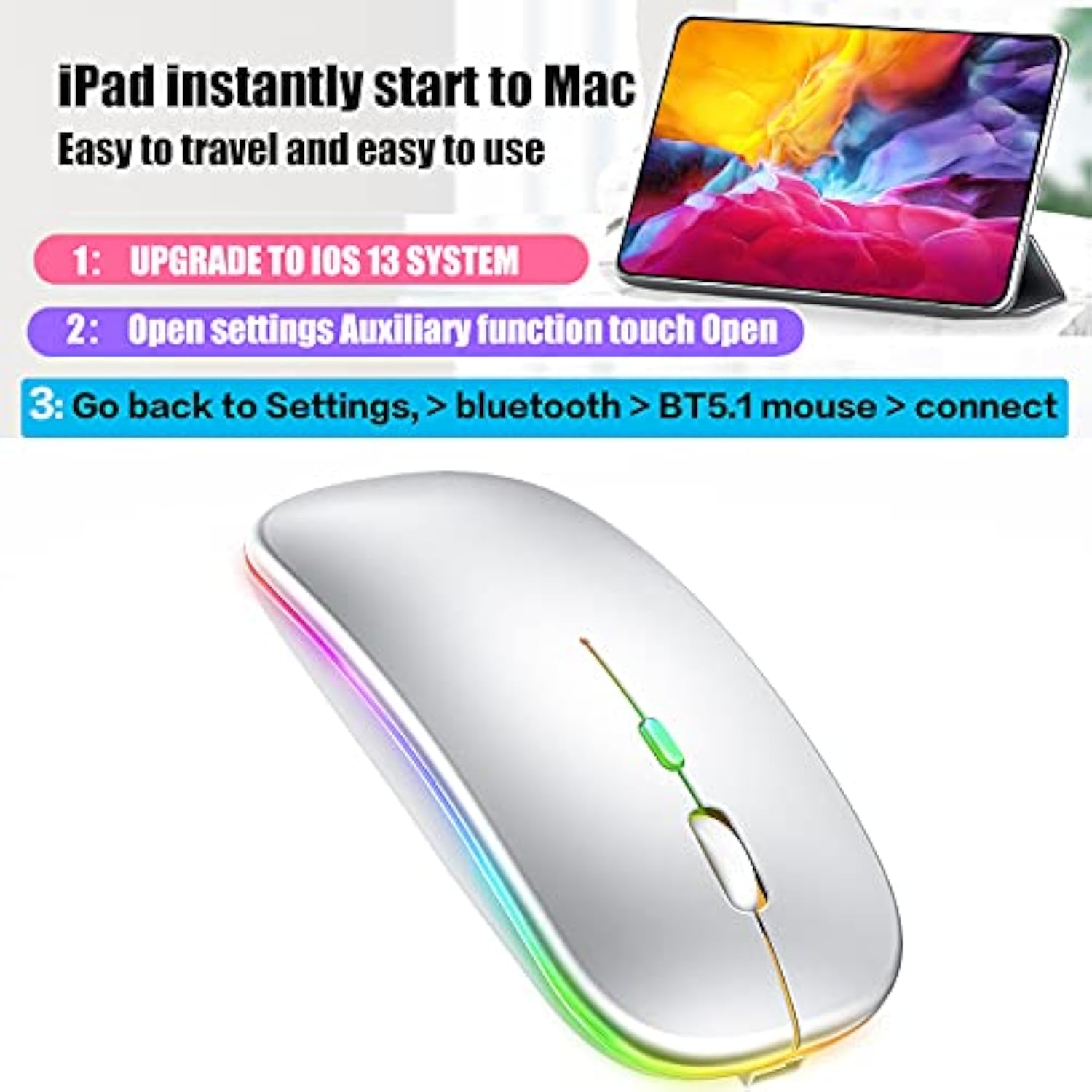 Bluetooth Wireless Mouse For Laptop Mac Macbook Macbook Air Macbook Pro Pc Desktop Computer Windows Chromebook Notebook (Silver White)