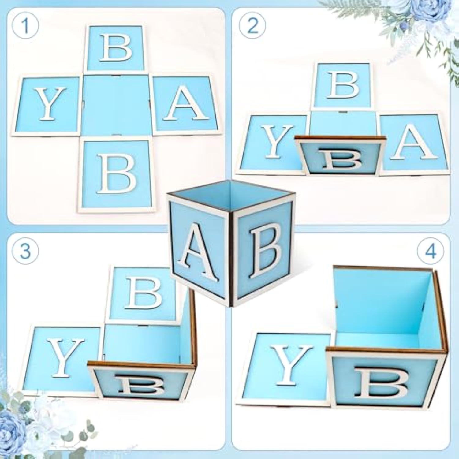 4 Set Baby Shower Centerpieces For Tables - 6 Inch Wooden Boxes With Baby Letters Rustic Cube Planter Wood Blocks For Boy Girl Gender Reveal Party Favor (Blue)