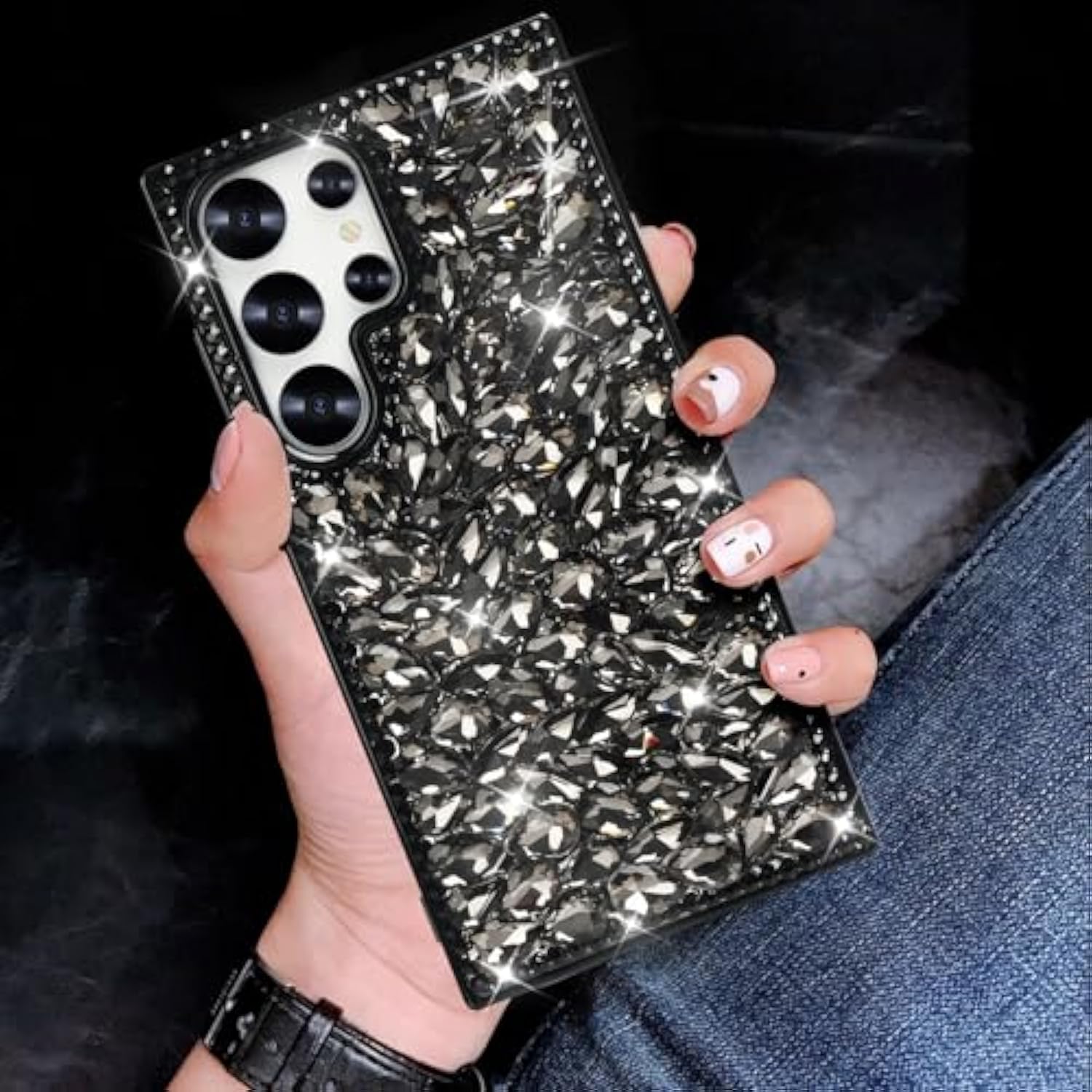 Compatible With Samsung Galaxy S25 Ultra Glitter Case 3D Glitter Sparkle Bling Case Crystal Rhinestone Diamond Bumper Clear Gems Cute Protective Girly Case For Galaxy S25 Ultra, Black