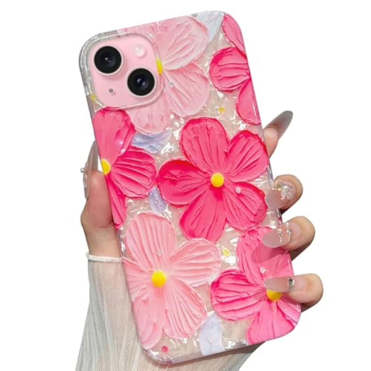 For Iphone 15 Plus Case Flowers Women Girly Aesthetic Sparkle Translucent Cute Floral With Phone Strap Charms Wristlet Oil Painting Shockproof Protective Phone Cases For Iphone 15 Plus Hot Pink