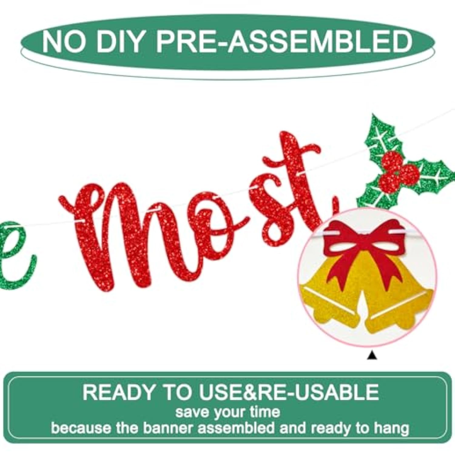 It'S The Most Wonderful Time Of The Year Banner,Glitter Pre-Strung Merry Christmas Banner With Christmas Bell Holly Berries Hot Cocoa Coffee Cup Sign For Winter Party,Happy Holidays Decorations