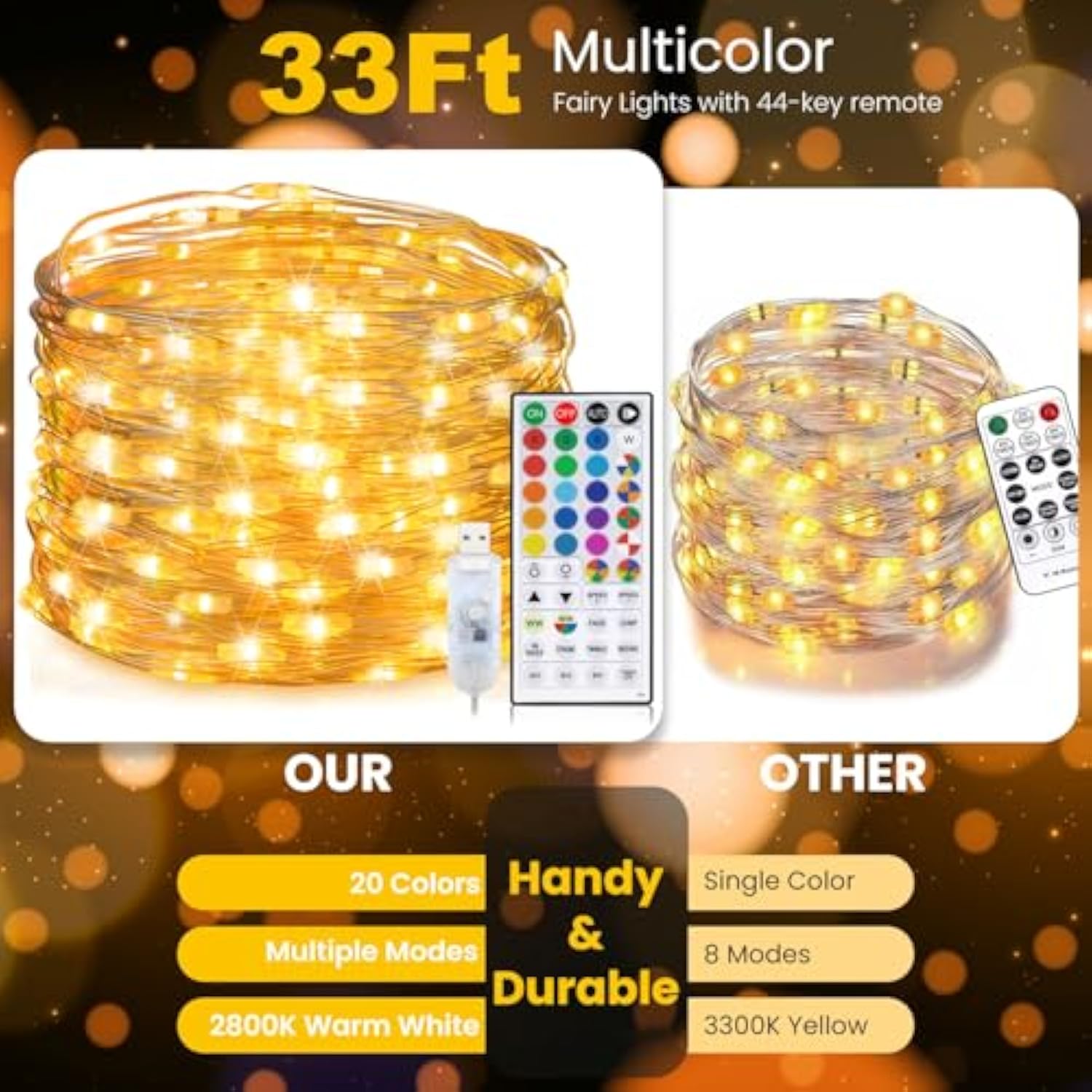 Fairy Lights Usb Plug In 33Ft 100Leds With Remote, Warm White 20 Color Changing Light Twinkle Firefly String Lights For