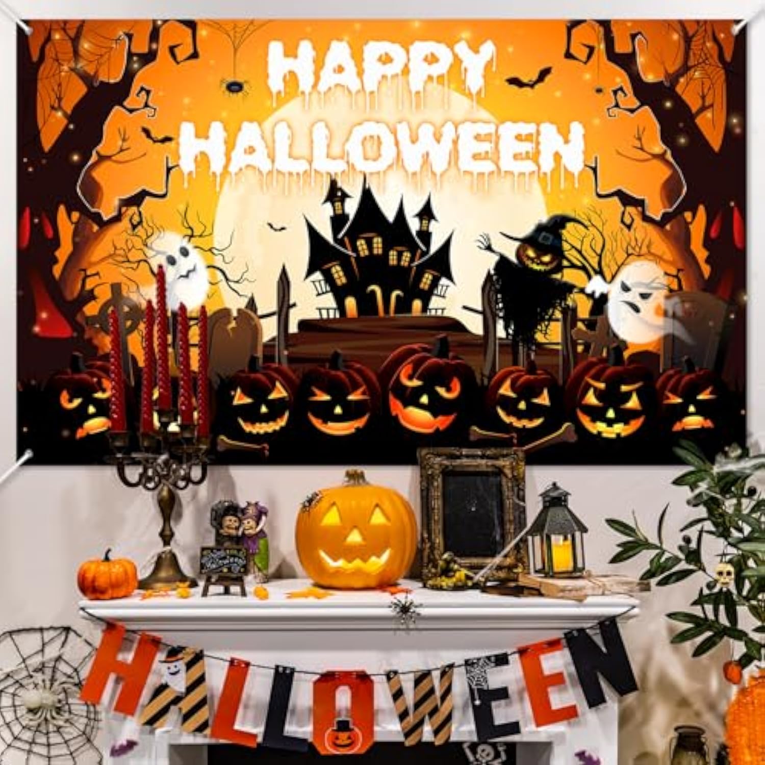 Happy Halloween Banner Orange Black Spooky Pumpkin Party Decorations Backdrop 6x3.6ft