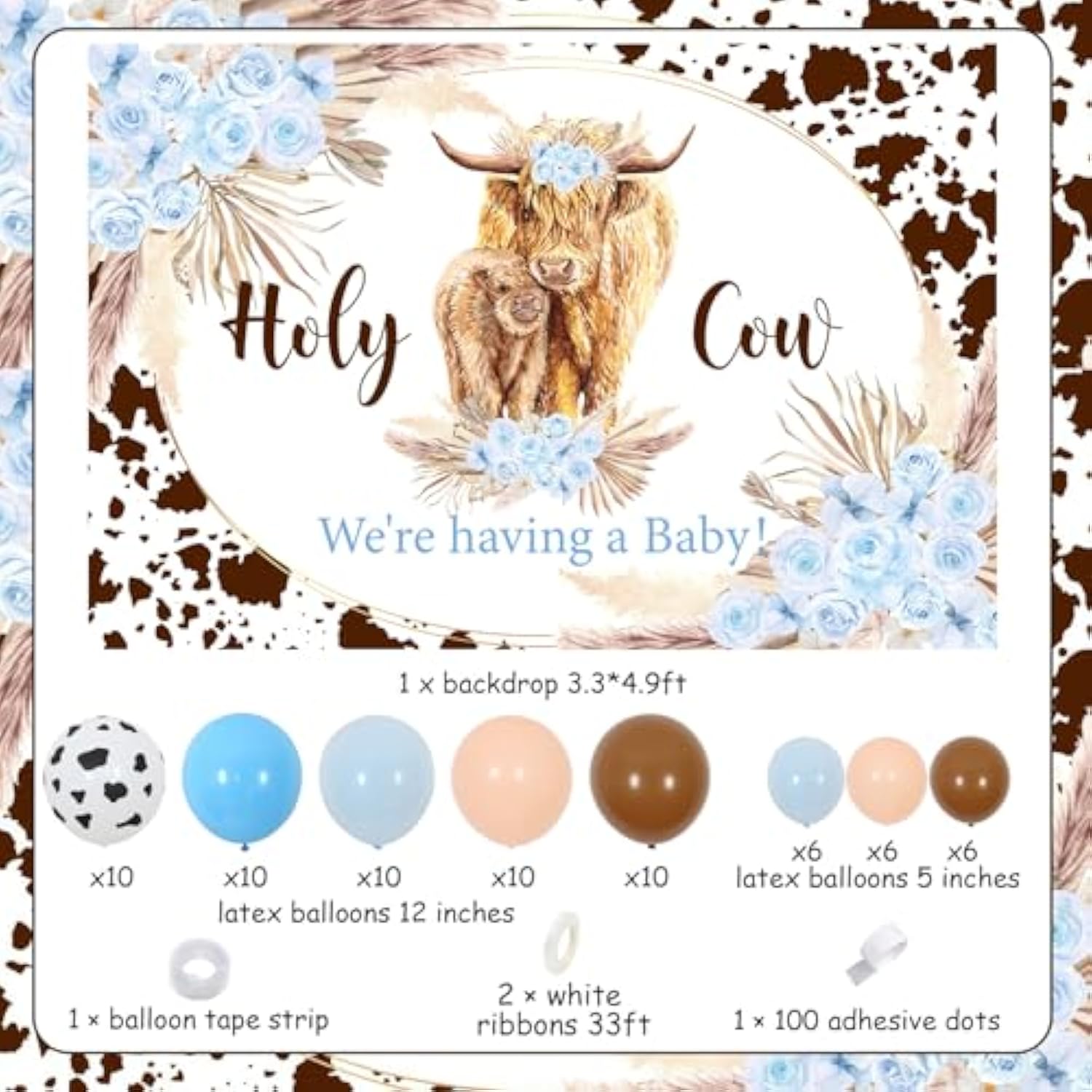 Highland Cow Baby Shower Decor - Blue Cow Balloon Garland & Baby Backdrop Kit