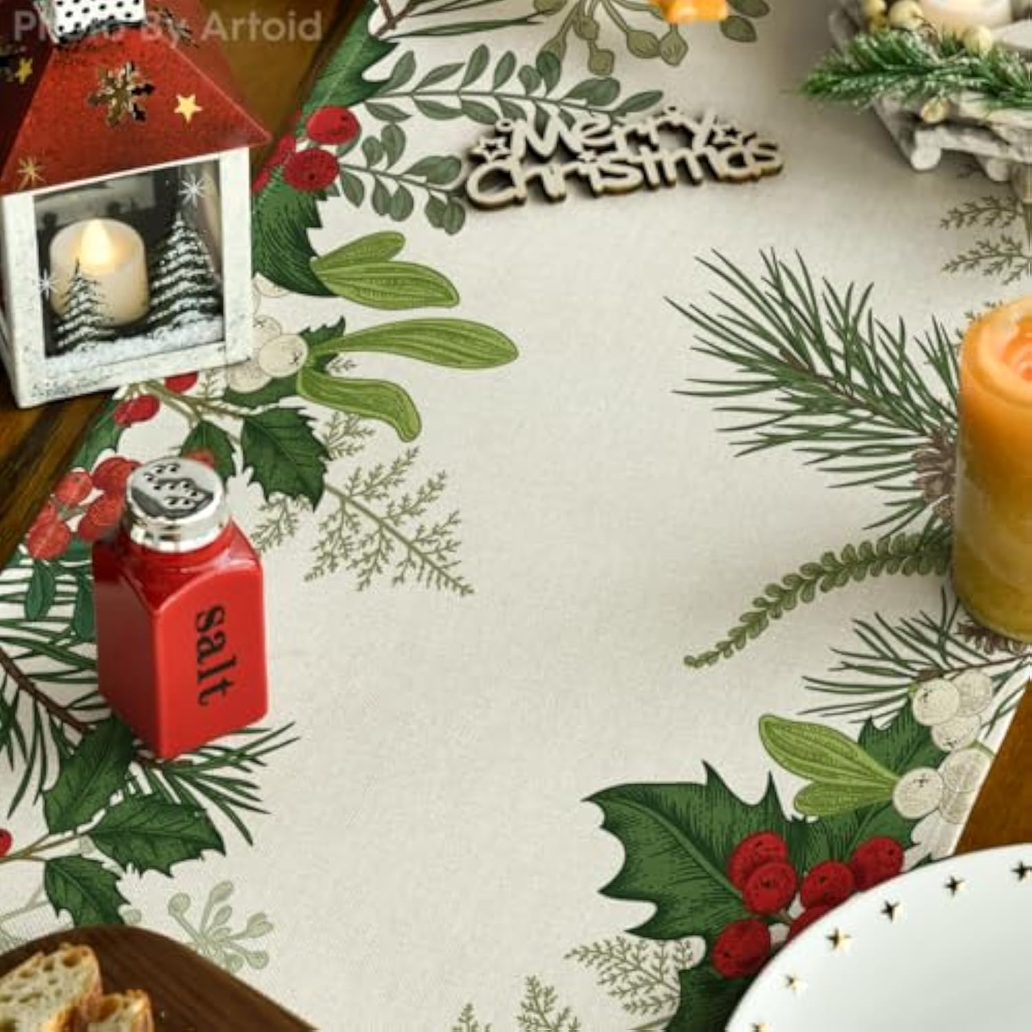 Holly Pine Cone Christmas Table Runner, Seasonal Winter Kitchen Dining Table Decoration For Home Party Decor 13X72 Inch
