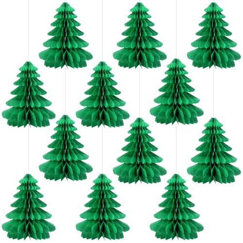 12 Pcs Christmas Honeycomb Trees Tissue Paper Centerpieces,Green