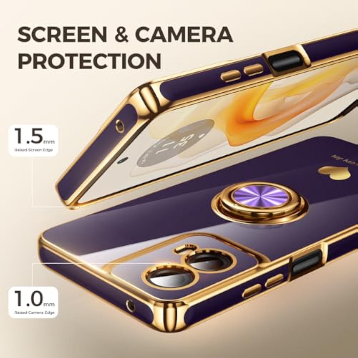 Motorola Moto G 5G 2024 Luxury Gold Edge Case with 2 Pack Screen Protector and 360° Rotatable Ring Holder - Purple