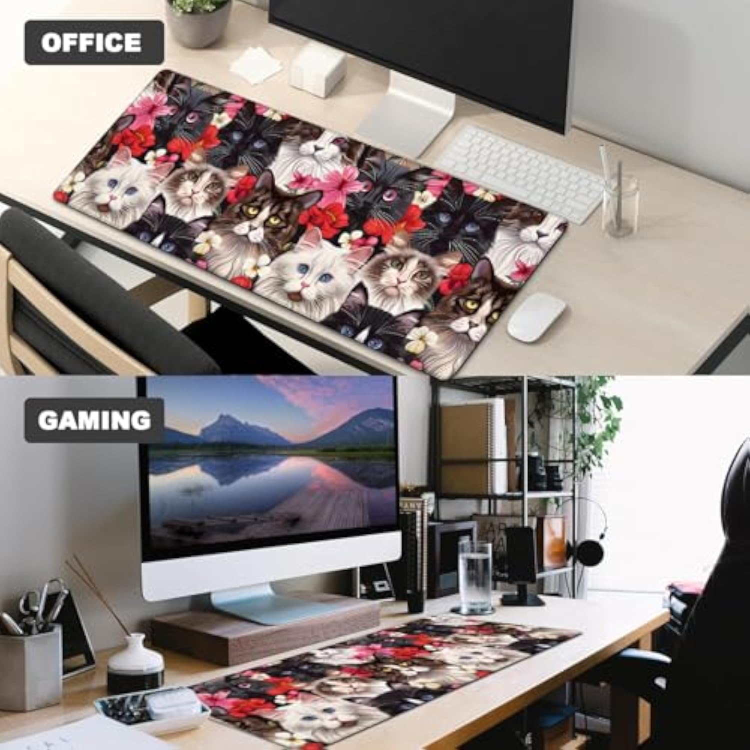 Cute Cat Gaming Mouse Pad,12X31.5In Non-Slip Rubber Pet Desk Mat,Large Extended Mousepad For Office Home Laptop,Mice Pads Gifts,Game Lover Deskmat Decor (Floral Kitten)