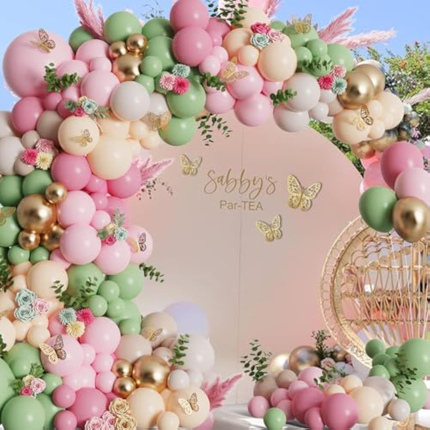 Sage Green And Pink Balloon Arch Kit With Shiny Gold Butterfly Stickers,177Pcs Pastel Green Blush Gold Balloon Garland For Spring Tea Party Decoration Wedding Bridal Baby Shower Fairy Balloon Arch
