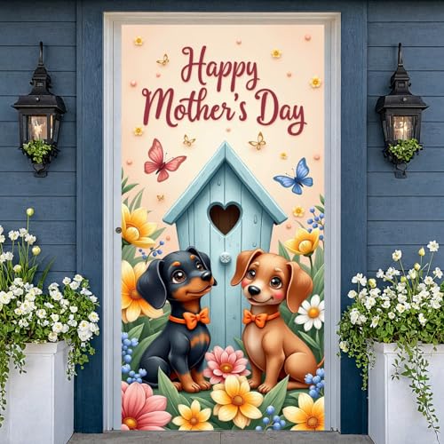 Happy Mother's Day Banner Decorations 71x35" Mothers Day Door Cover Cute Dog Birdhouse Hanging Backdrop Photo Booth Prop for Mom Happy Mothers Day Indoor Outdoor Decor