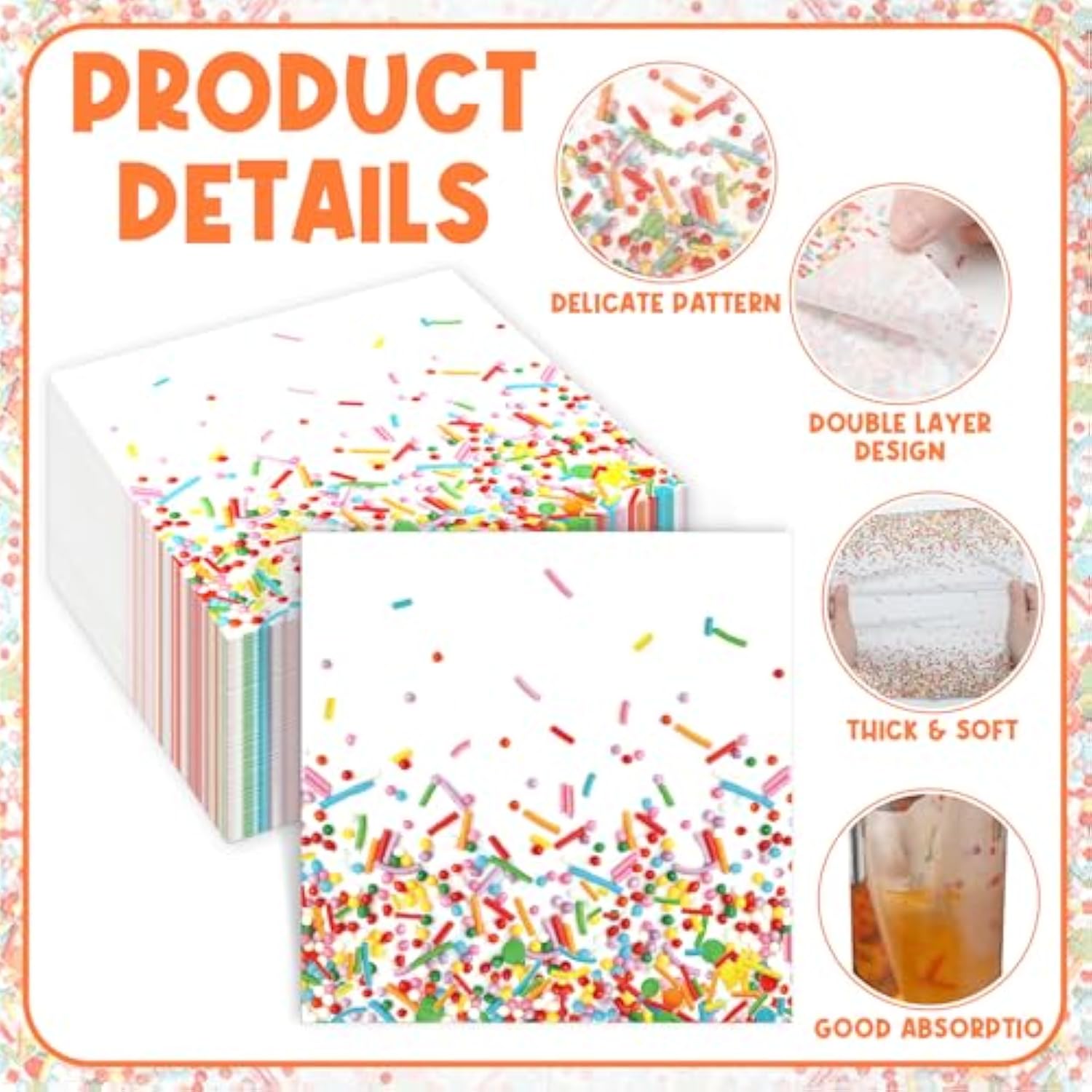 100 Pcs Sprinkles Napkins 2 Ply Disposable Paper Napkins For Baby Shower Birthday Party Theme Table Decor Supplies(White,Confetti)