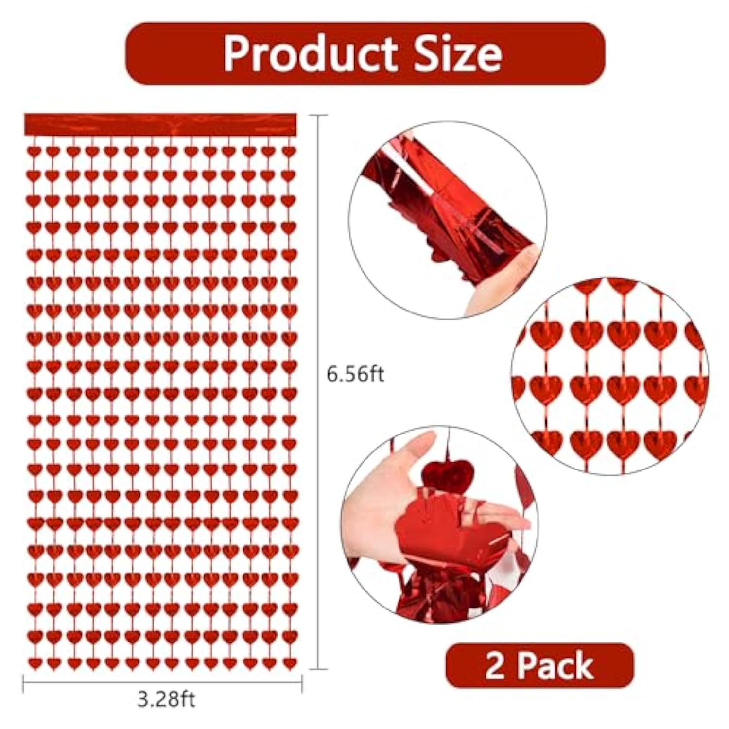 2 Pcs Red Valentines Day Backdrop Heart Shape Door Streamers Foil Tinsel Fringe Curtain For Valentines Decorations Girls Birthday Party Background Photo Booth Props (3.28 Ft X 6.57 Ft)
