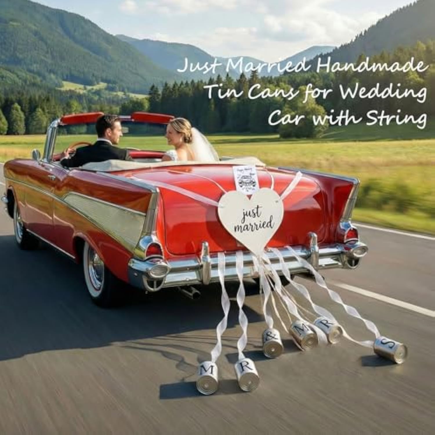 Mr & Mrs Wedding Tin Can Set With Heart “Just Married” Sign, Handmade Just Married Car Decorations For Wedding Getaway Decor