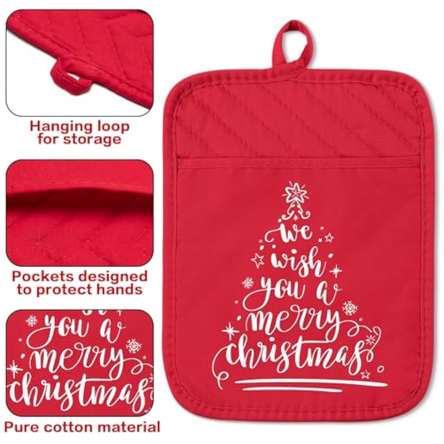 6Pcs Christmas Oven Mitts Pot Holders Baking Gift, We Wish You A Merry Christmas Resistant Hot Pad Machine Washable Gloves With Hanging Loop Pocket Potholder For Kitchen Cooking Grilling Red